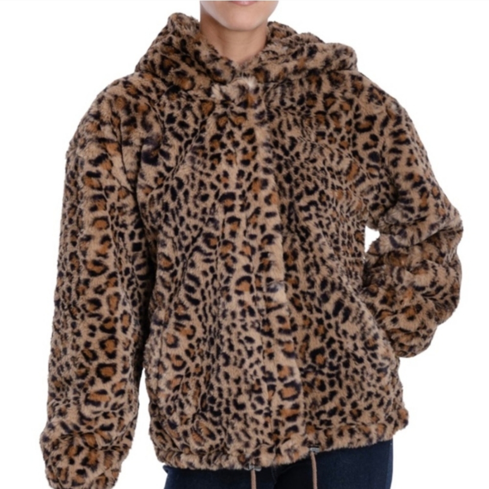Lucky Brand Faux Fur LeopardPrint Hooded Jacket Size Small